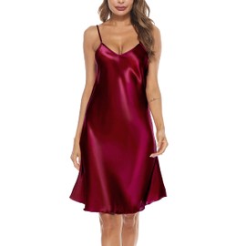 Vlazom Women Negligees Satin Nightdress Spaghetti Strap Chemises Slip V Neck Sleepwear Nightgown Purplish Red,S(UK 6)