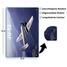 schilderkreis24 Tin Sign Aeroplane "JU-52 D-AQUI" Plane Technology Decoration Historical Retro Metal Sign Vintage Gift for Birthday or Christmas 20 x 30 cm