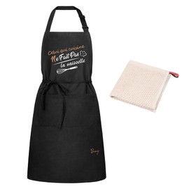 Sienzo Waterproof Kitchen Apron for Men and Women, Adjustable Black Apron with Pockets, BBQ Apron for BBQ, Kitchen, Restaurant, Cafe (1 x Apron + 1 x Kitchen Towel)