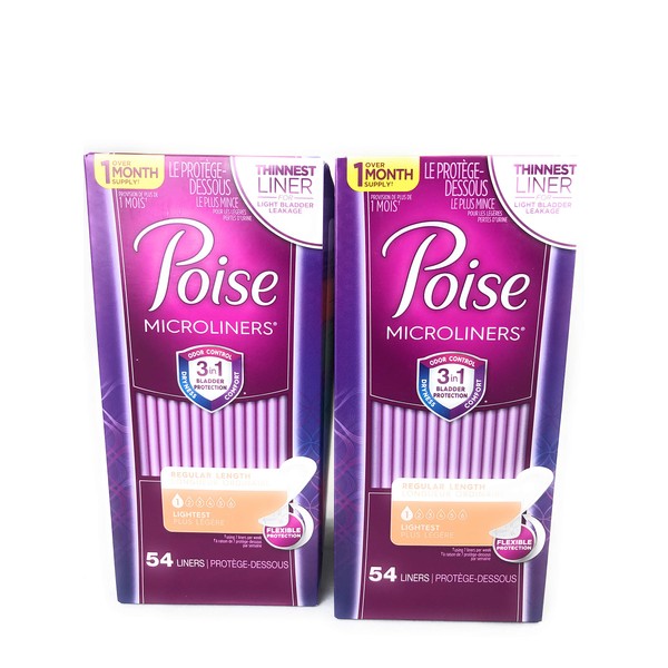 Poise Microliners, incontinence panty liners, lightest absorbency, regular, 54 Count, PACK OF 2