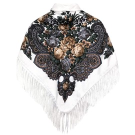 Russian Style Muffler Warm Scarf with Tassel Women's Traditional Scarf Wrap Shawl Fringes Printing Cape (White)