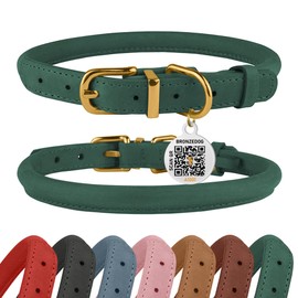 BRONZEDOG Rolled Leather Dog Collar with QR ID Tag Adjustable Soft Round Collars for Small Medium Large Dogs Puppy Cat (Emerald Green, 11" - 14 1/2" Neck Size)