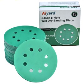 Aiyard 5-Inch 8-Hole Wet Dry Sanding Discs 1500 Grit, Polyester Film Backed Heavy-Duty Hook and Loop Sandpaper for Random Orbital Sander, 50-Pack