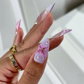 24Pcs Press on Nails with 3D Floral Designs, French Tips Fake Nails Almond Medium Glue on Nails Glossy Full Cover Artificial Nails Cute Flower Acrylic Nails Almond Shape Nails Press ons for Women
