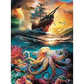 500 Piece Jigsaw Puzzle for Adult Intricate Nautical Octopus Puzzle, Stormy Sea Ship Scenery Difficult and Challenge Large Puzzle Game Toys Gift