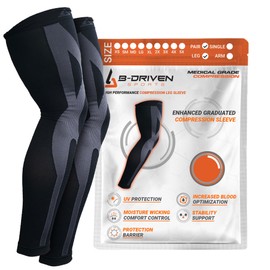 B-Driven Sports Full Leg Compression Sleeves, Graduated Compression 20-30mmHg, Thigh to Ankle, Medical Grade, Calf, Knee, Varicose Veins, Running, Sports, Men & Women - Black Medium (1 Pair)