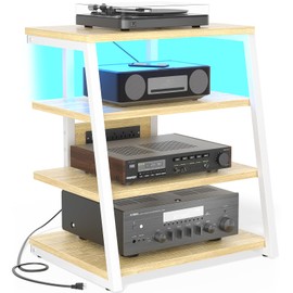 Besiost AV Media Stand with Outlets, Media Console with LED Lights, Stereo Racks and Stands with Storage Shelves, Media Audio Tower Cabinet, Natural Oak and White