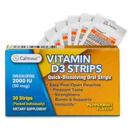 CALMOUR Vitamin D3 Strips 30 Pack| 2000 IU Oral Dissolvable D3 Vitamin Strips | Peppermint Flavor Melts on Your Tongue in 30 Seconds | Boost Immunity & Enhance Mental Focus with Vitamin D3 2000