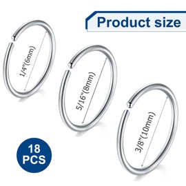 KEQAR Pack of 18 Seamless Round Stainless Steel Nose Rings and Pierced Earrings Jewellery (3 Sizes) (Silver)