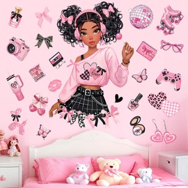 decalmile Black Girl Wall Stickers Pink Bow Butterfly African American Wall Decals Baby Nursery Bedroom Girls Room Wall Decor