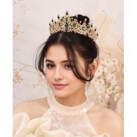 Yheahin Vintage Crystal Crown and Tiara for Women Bridal Wedding Rhinestone Tiara Princess Queen Crown Gothic Black Tiara Headpieces for Cosplay Costume Birthday Party (Gold-green)