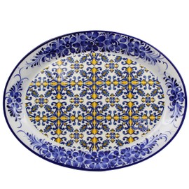 Made in Portugal Ceramic Oval Platter - Traditional Blue and Yellow Tile Azulejo Design with Hand-Painted Floral Border - Elegant Serveware for Dining