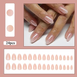 30pcs Almond False Nails - French Tip False Nails - Nude Aurora Stick on Nails with Glue - French Style Almond Press on Nails - Full Cover Acrylic Square False Nail Tips for Women Girls Nail Art