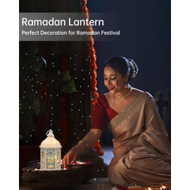 SHYMERY Ramadan Lantern, 14in Ramadan Candle Lantern, Decoration Plastic LED Eid Lights, Vintage Decorative Hanging Lantern for Home Decor, Weddings,Table,Muslim Islam Festival Decor,White