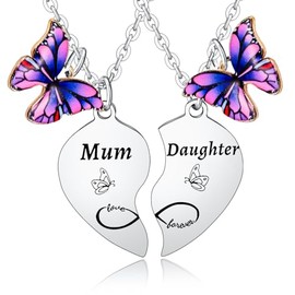 Ghloyza 2PCs Mother Daughter Heart Matching Necklace Set Gifts for Mum Daughter Necklace Mothers Day Gifts for Mum Necklace from Daughter Necklace Christmas Birthday Gifts Butterflies Stuff Jewellry