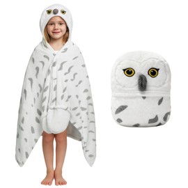 pewjury Blanket with Sleeves and Hood, Snow Owl Blanket with Gloves, Animal Pattern Cuddly Blanket Fluffy, Cuddly Flannel Gifts Cuddly Blanket for Women (White, 80 x 130 cm)