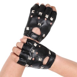 FdcZeyxior Black Leather Motorcycle Gloves Leather Fingerless Gloves Men Half Finger Hook-Loop Mittens Retro Steampunk Punk Biker Glove for Men, Women