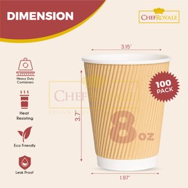 CHEF ROYALE 100 x 8oz Disposable Coffee Cups - Takeaway Paper Cups for Hot & Cold Drinks - Kraft Triple Walled Disposable Paper Ripple Cups - Reusable Takeaway Coffee Cups - Tea Cups