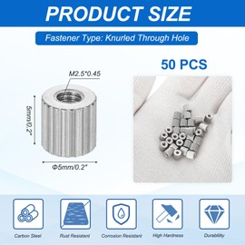 PATIKIL M2.5 Knurled Thumb Nuts, 50pcs Nickel Plated Female Thread Type Flat Head Through Hole Round Hand Tighten Knob Fasteners Screw Cap Adjust Lock Position, D5mm x H5mm