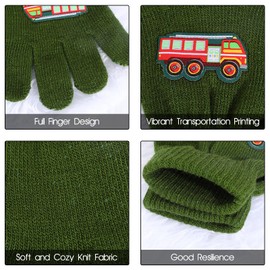 QKURT 6 Pairs Kids Gloves Age 5-12, Winter Magic Gloves Children Full Finger Gloves Stretchy Knitted Mitten with Car Rockets Vehicles Pattern for Boys Girls Outdoor Cycling Commuting