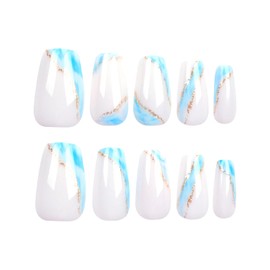 MISUD Press on Nails Medium Coffin Fake Nails Glossy Glue on Nails White Ballerina Acrylic Nails Blue Marble Ombre Artificial Nails Bling Gold Line Stick on False Nails with Design 24 pcs