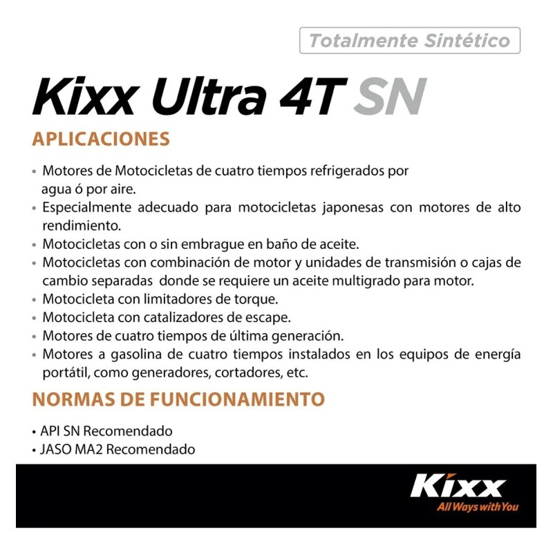 Aceite Moto Sintético Kixx Ultra 4t Sn/ma2 10w-40, 1l