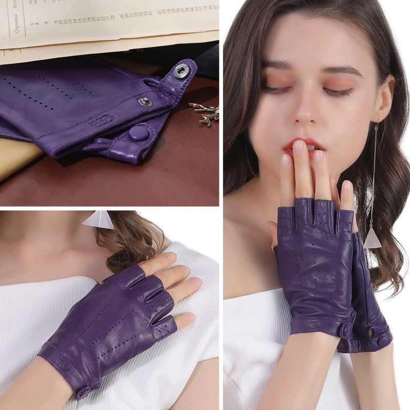 GSG Women Fingerless Driving Gloves Geniune Leather Biker Gloves Unlined
