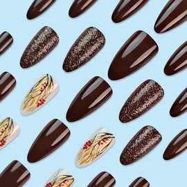 Almond Press on Nails Dark Brown Fake Nails Medium Almond False Nails Leaves Glitter Designs Brown Glue on Nails Winter Stick on Nails Fall Autumn Acrylic Nails Full Cover Glossy Artificial Nails