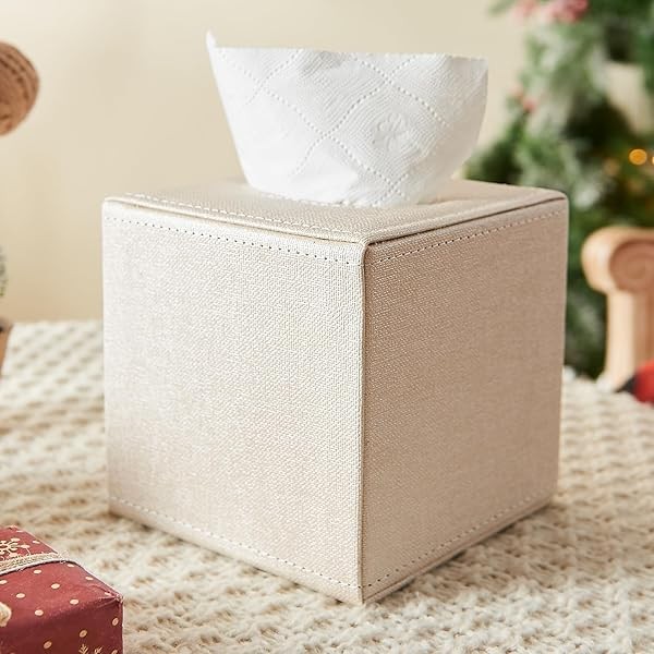 Beige Tissue Box Cover,Square Tissue Box Holder with Magnetic Bottom,Kleenex
