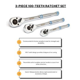 Neiko 03000A 100-Tooth Quick-Release Ratchet-Wrench Set, 1/4-Inch-, 3/8-Inch-, and 1/2-Inch-Drive Ratchets, 3.6-Degree Swing, CrMo Steel, 3-Piece Set