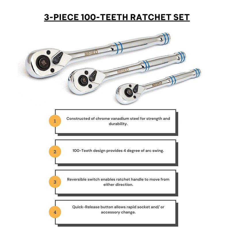 Neiko 03000A 100-Tooth Quick-Release Ratchet-Wrench Set, 1/4-Inch-, 3/8-Inch-, and 1/2-Inch-Drive