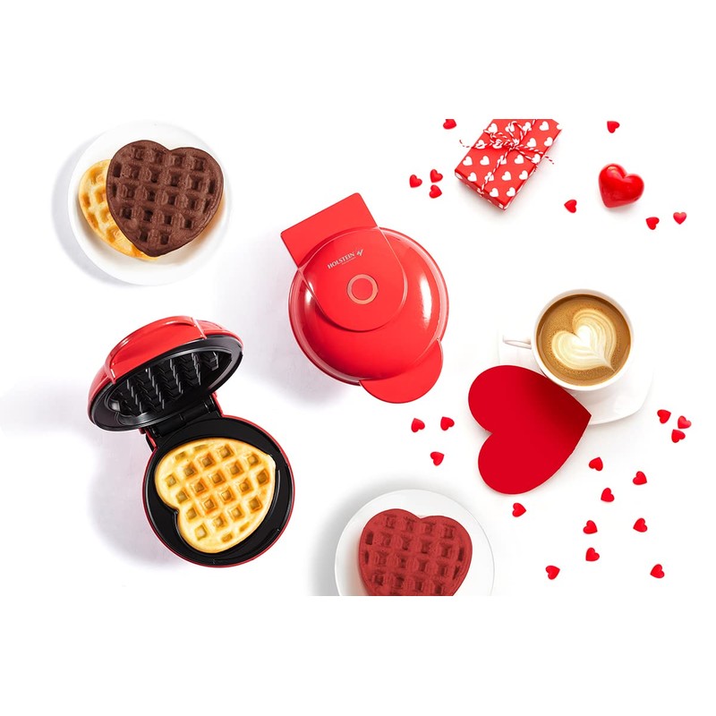 Holstein Housewares Personal Non-Stick Heart Waffle Maker, Red - 4-inch