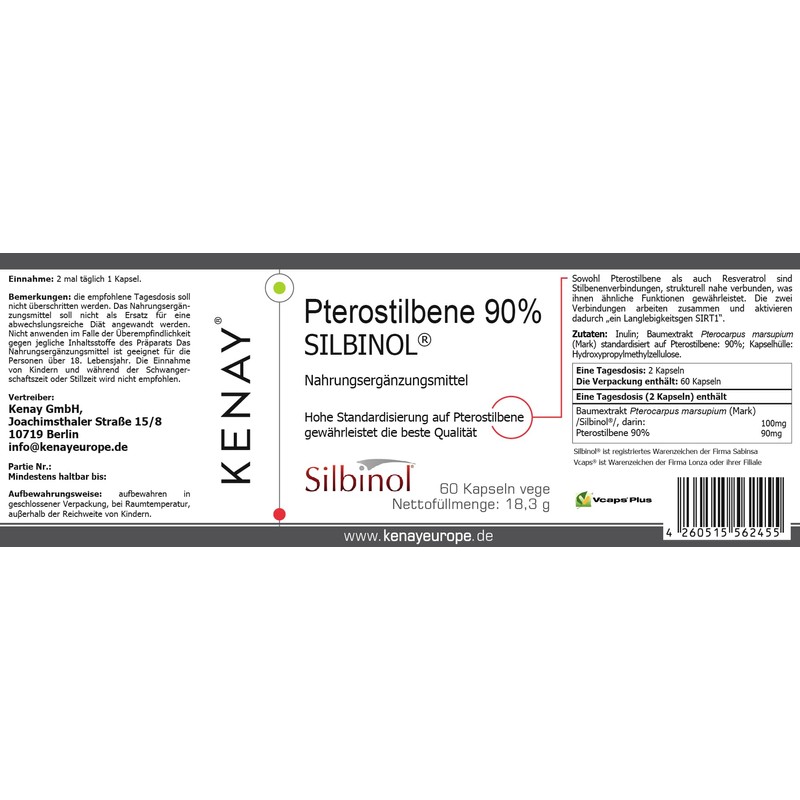 Pterostilbene 90% SILBINOL® 60 Capsules Vegan - Dietary Supplement