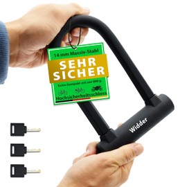 WIDDER Small U-Lock Bicycle [High Security Lock Only 800g] - 14 mm Solid Steel Shackle - Bicycle Lock High Security - Bracket & 3 Keys, E Bike Lock e Scooter U Lock Road Bike Lock