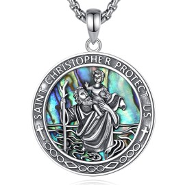Vito 925 Sterling Silver St Christopher Medal for Women Men, Abalone Shell Saint Christopher Necklace St. Christopher Pendant Protection Jewelry Gift, 22"