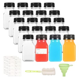 Yoosso 20 Pack 4oz/120ml Plastic Juice Bottles with Pouring Funnel and Brush, Reusable Shot Bottles with Lids for Storing Juices, Water and Other Homemade Beverages