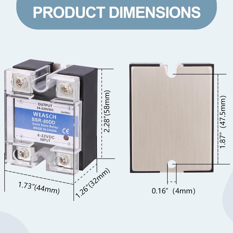 Weasch 2Pcs Single Phase Solid State Relay, SSR-80DD, DC to