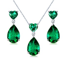 JIANGXIN 18"~20" Pear cut Green Emerald 925 Sterling Silver Pendant Necklace Drop Earrings Jewelry Set for Women Heart cz Decorated