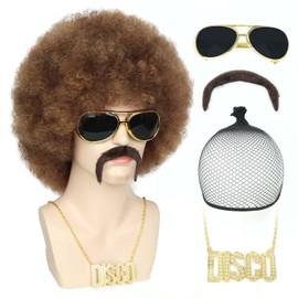 Afro Wig Set, Lightweight Disco Rocker Party, Mix Brown Curly Costume,70’S Hipper Synthetic Hair Wig,with Glasses, Necklace, Mustache for Halloween Party Funny Cosplay