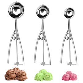 Scoop Set,Ice Cream Cookie Trigger Scoop Set with Large-Medium-Small Size,Ergonomic Handle Cookie Dough Scoop,Stainless Steel Ice Scoop for Kids & Families (Sliver)