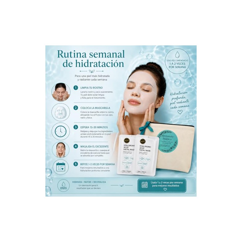 KIT AUTOCUIDADO GENERICO Rutina Hidratante PremiumÁcido Hialurónico con 2 mascarillas