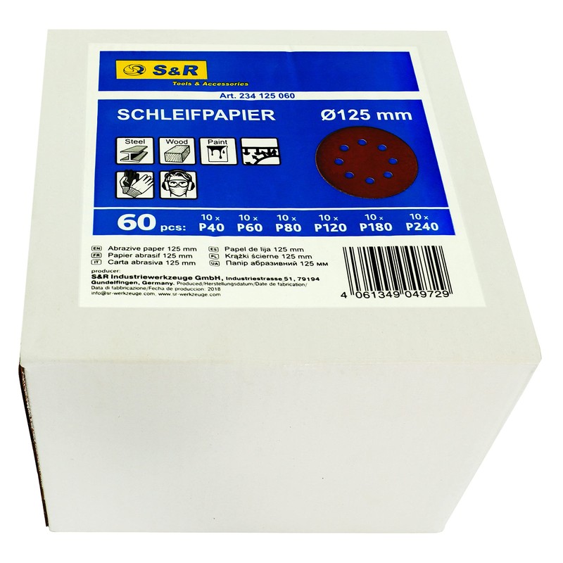 S&R 60 pcs 125mm Sanding Discs - Grit 40/60/80/120/180/240, Hook