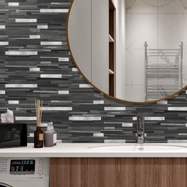 STICKGOO 2 Sheets Peel and Stick Backsplash Tile, Stick on Backsplash for Kitchen and Bathroom, Black Grey Wood Look PVC Mixed Metal Silver Self Adhesive Wall Tiles