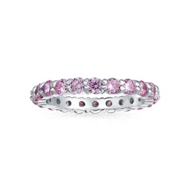 Cubic Zirconia Pink CZ Band Stackable Eternity Anniversary Wedding Band Ring For Women For Teen .925 Sterling Silver