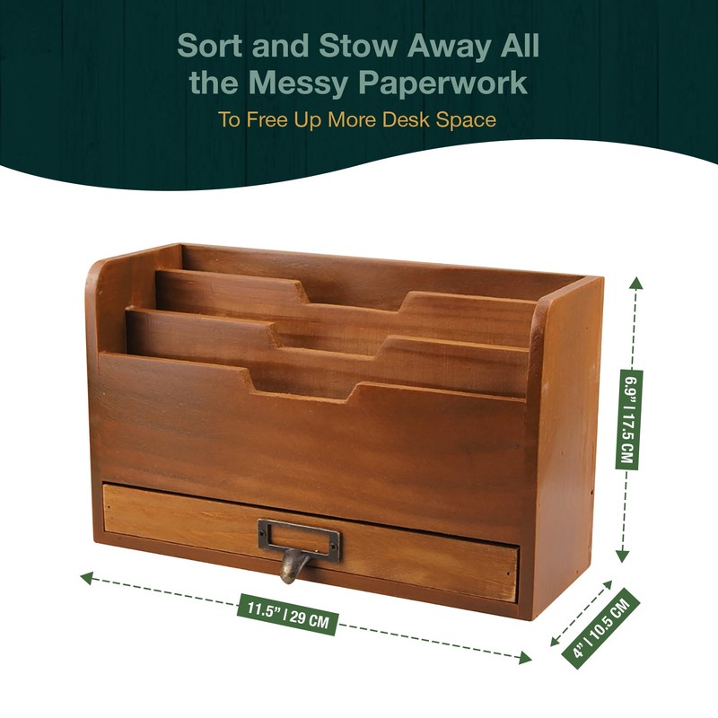 Rustic Wooden Desk Organizer - Vertical File Sorter with 3