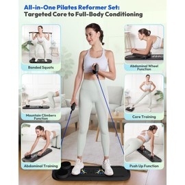 FLAZECON Pilates Board for Home Workout, Foldable Pilates Reformer Set for Women 6-in-1 Portable Folding Mini Pilate Kit Machine Equipment (Black)