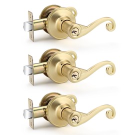Bonpoly 3 Pack Gold Door Handles, Wave Style Entry Door Handle with Lock and Keys, Front Door Leverset Lockset, Keyed Alike/Combo Keys, Right Handing
