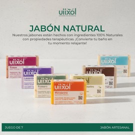 Uiixol Kit de 7 Jabones Artesanales en Barra con Aromaterapia Jabón Corporal Natural con Lavanda, Menta, Romero, Mandarina, Rosas, Almendra y Oliva Vegano 100 g c/u