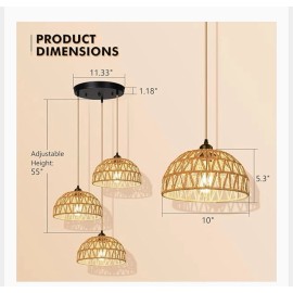 Unbranded 3 Light Rattan Pendant Lights Boho Hand Woven Rattan Chandelier Coastal Lighting