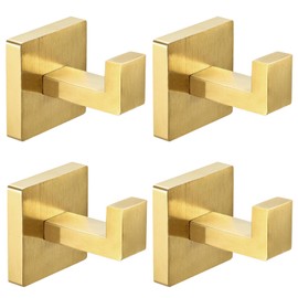 IBosins 4 Pack Towel Hooks Hand Towel Holder for Bathroom Wall Livingroom Bedroom Kitchen Closet Heavy Duty Stainless Steel Hook Hanger for Robe, Bath Towel, Coat (Square Brushed Gold)